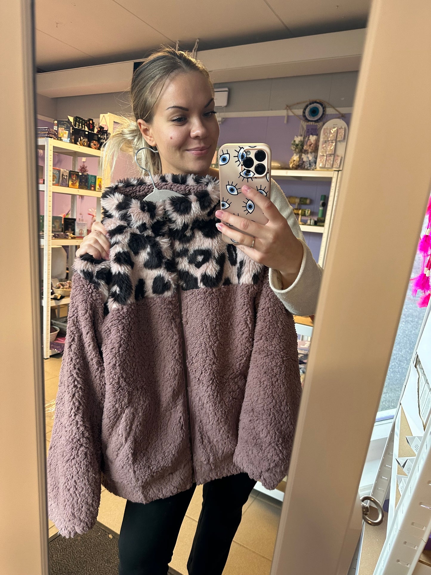 Teddy jakke gammel rosa med leopard mønster