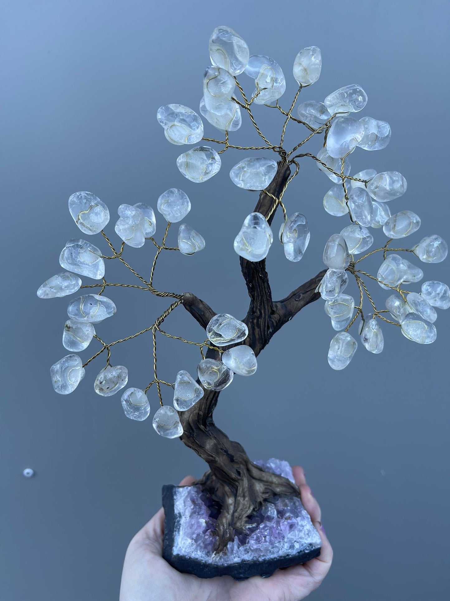 Bergkrystall lykketre med ametyst cluster fot ca 27 cm (nr 2)