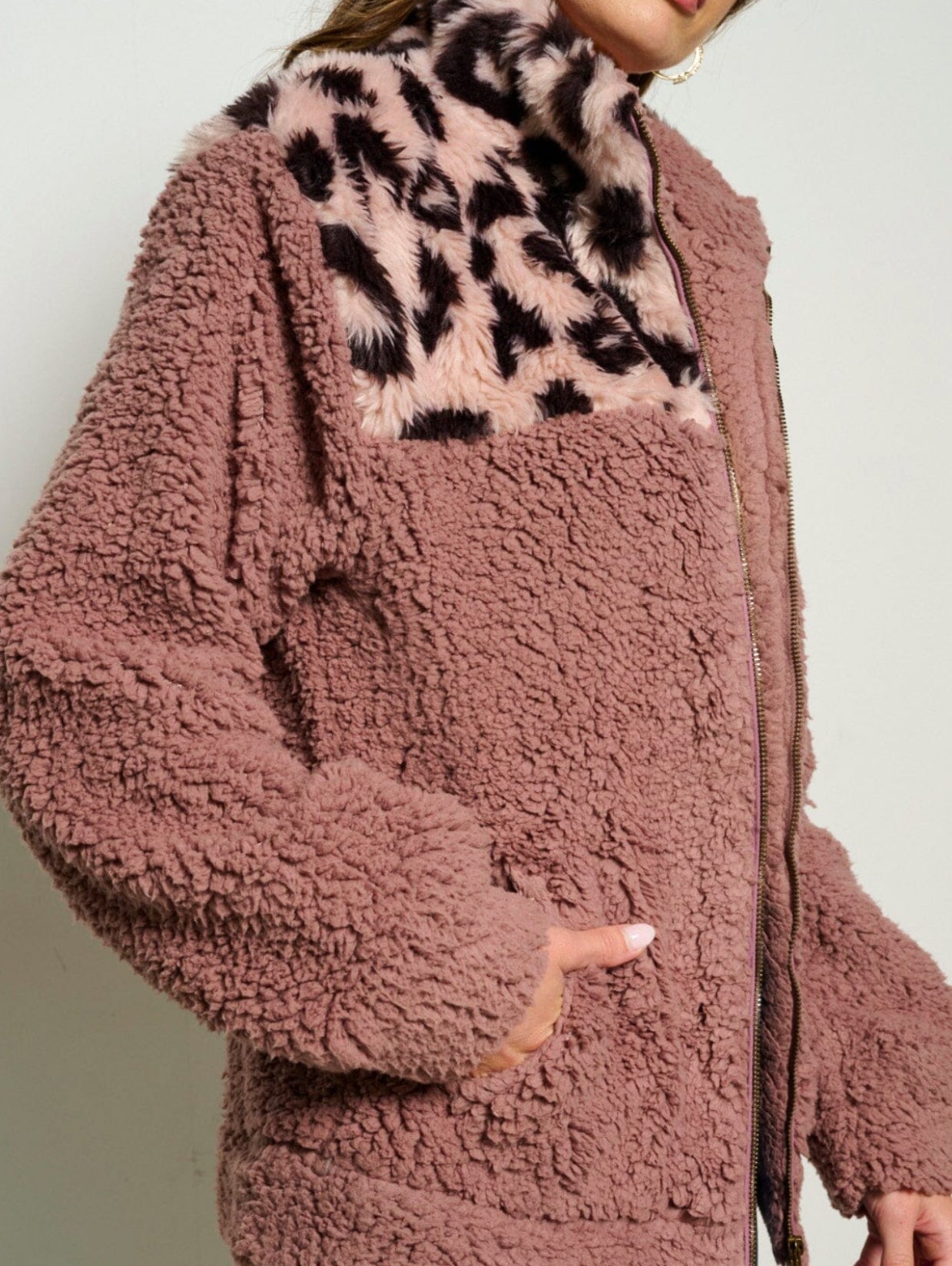 Teddy jakke gammel rosa med leopard mønster
