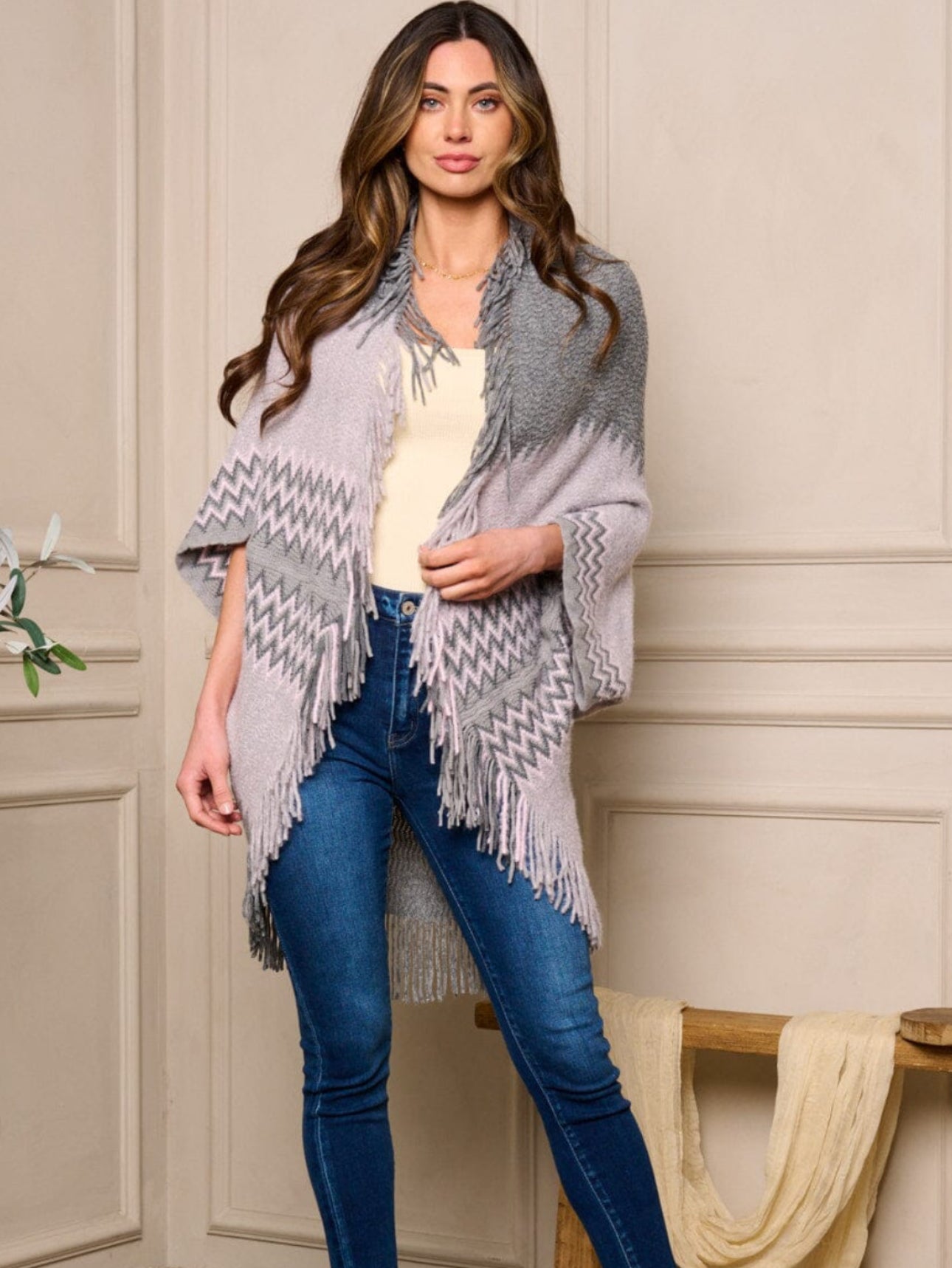 One size strikket jakke / cardigan / åpen poncho - grå lavendel