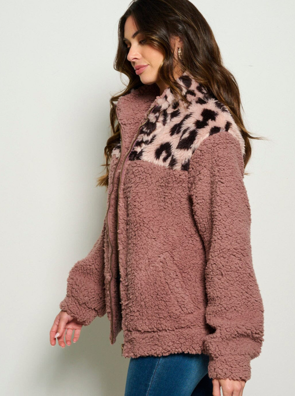 Teddy jakke gammel rosa med leopard mønster