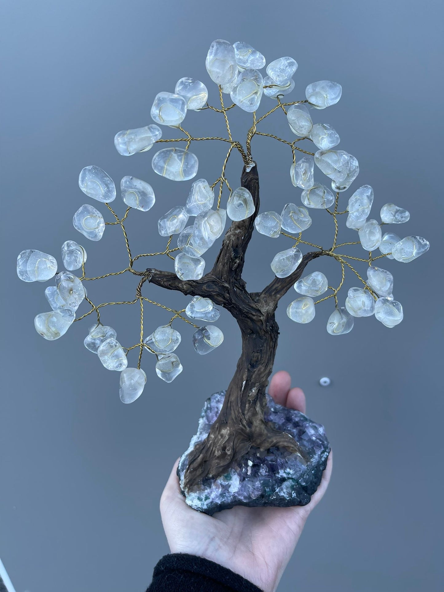 Bergkrystall lykketre med ametyst cluster fot ca 27 cm (nr 1)