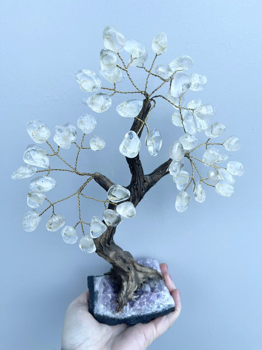 Bergkrystall lykketre med ametyst cluster fot ca 27 cm (nr 2)