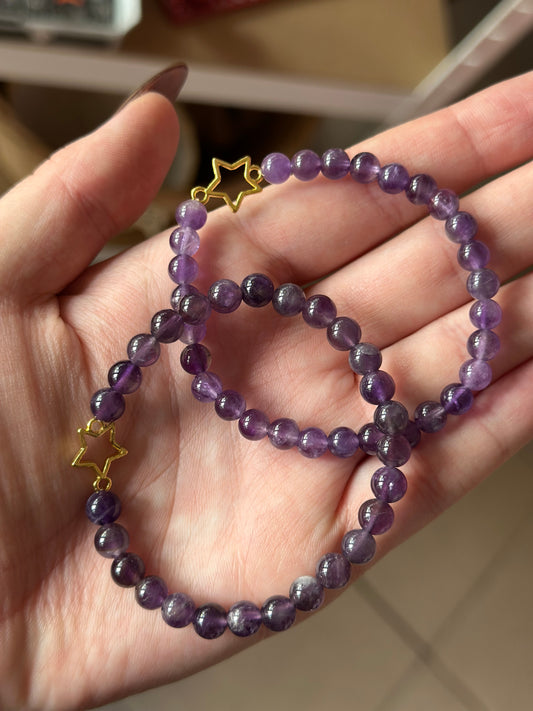 Ametyst armbånd 6 mm med stjerne