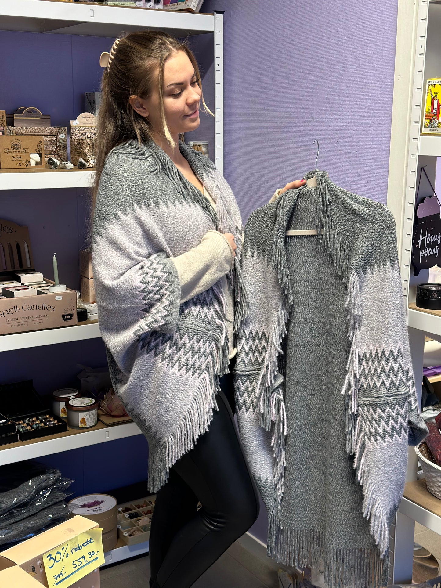 One size strikket jakke / cardigan / åpen poncho - grå lavendel