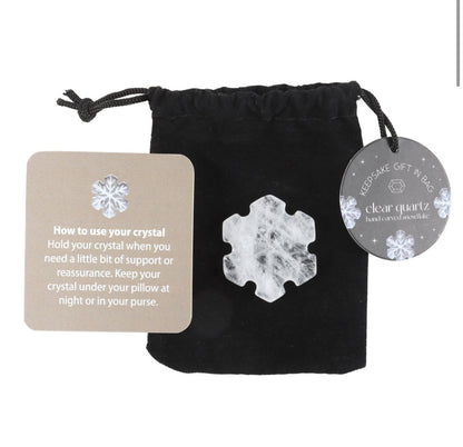 Snøfnugg snøflak bergkrystall i velur pose med lapp